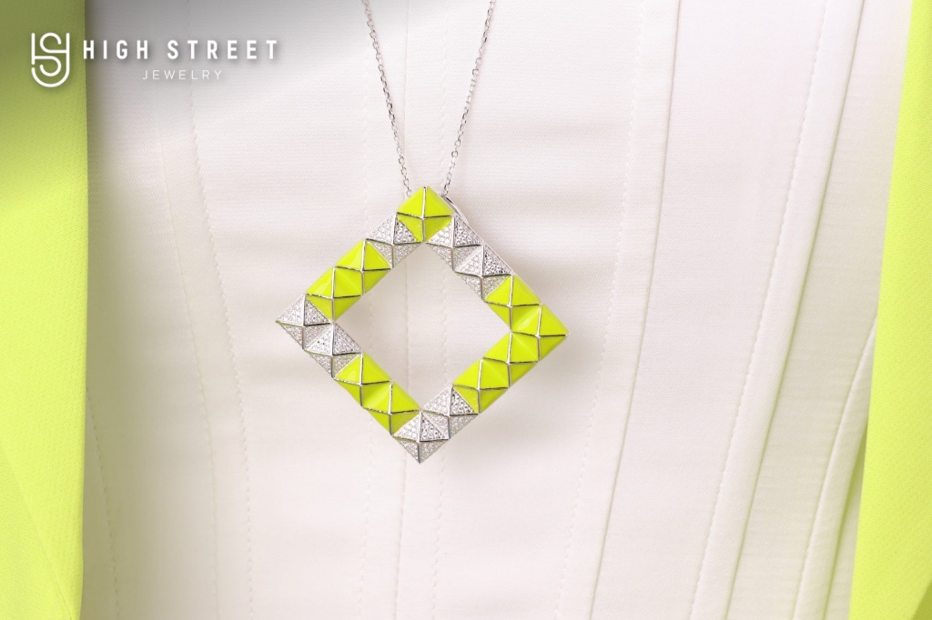 Lime Pyramid Enamel Silver Necklace